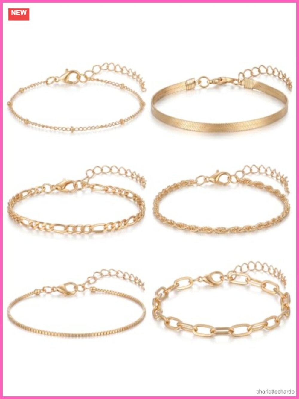 6 Pc Gold Plated Stackable Charm Bracelet Set Adjustable Lobster Clasp